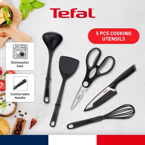 Tefal Kitchenware 5 PCS - Utensils (Wok spatula + Ladle Spatula + Kitchen Shears 21cm + Chef Knife 15cm + Whisks)
